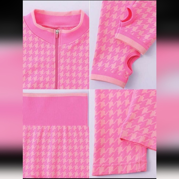 NWOT Barbie Pink Houndstooth Activewear Set Leggings Crop Zip Up Jacket - Picture 2 of 9